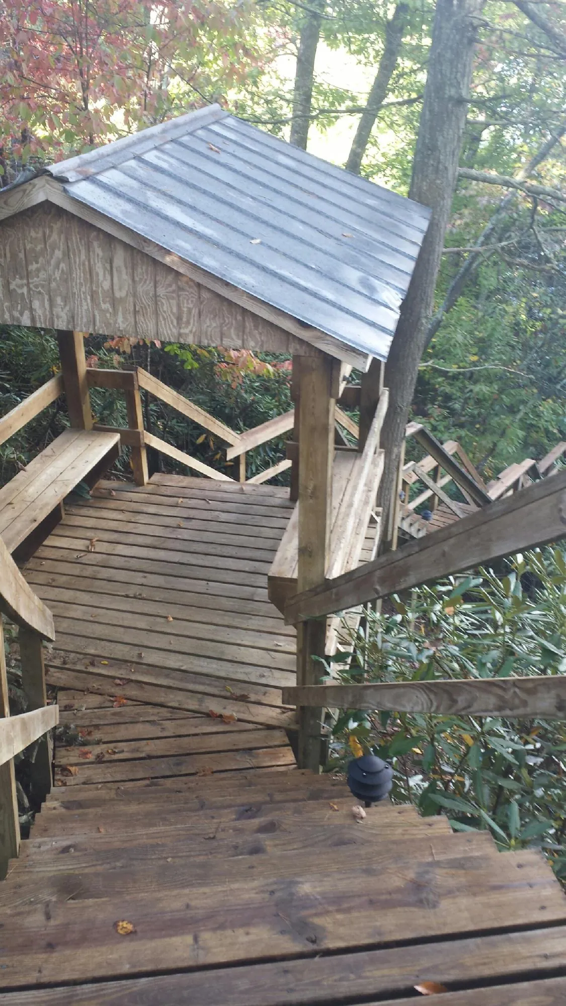 Metal roofed shelter over wooden steps on a wooded walkway — Skylight Repair & Installation work by our crew in Harlowton